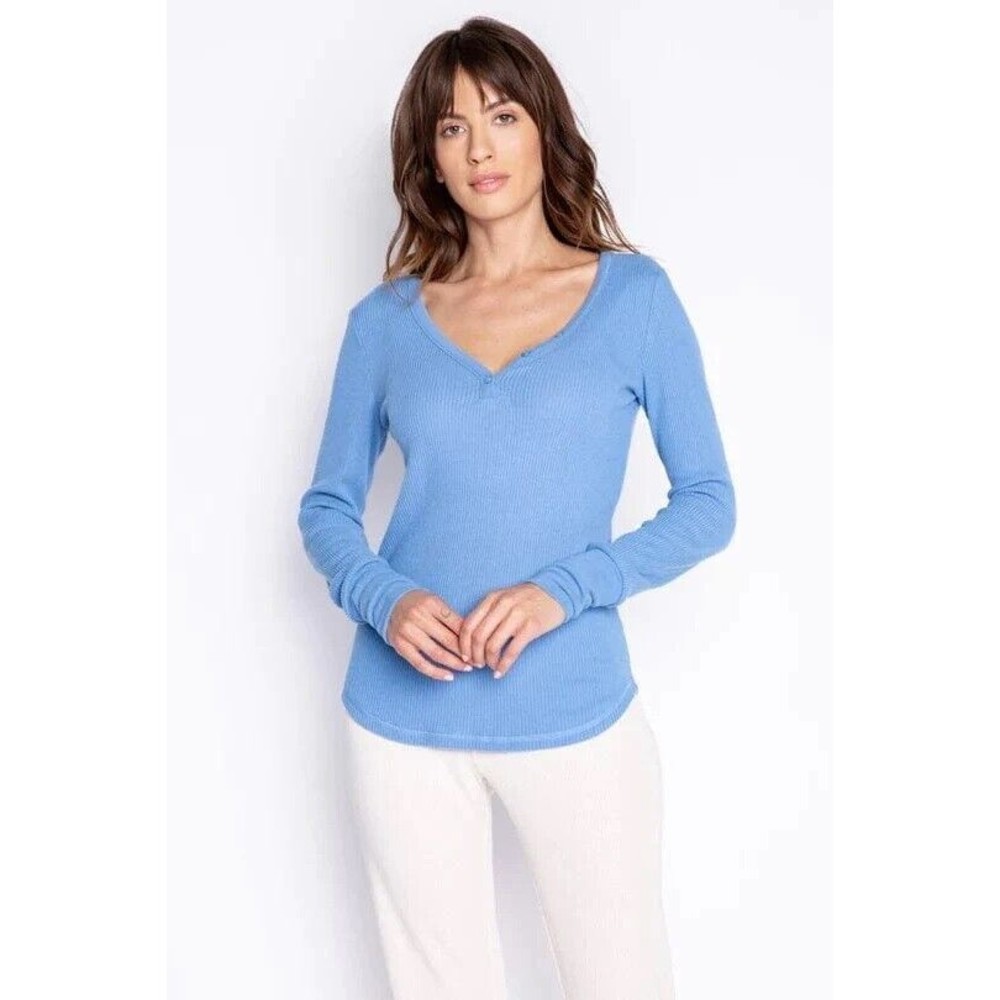 PJ Salvage Textured Essentials Lounge Henley Top Size XS‎ Blue Tide Long Sleeve